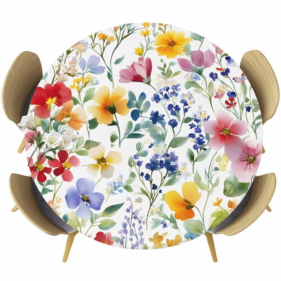 Leaf Flower Round Tablecloth 36-44 Inch Round Fitted Table Cloth with Elastic Edge, Plant Floral Garden Leaf Spring Summer Waterproof Table Cover Protector for Outdoor Picnic Party Dining