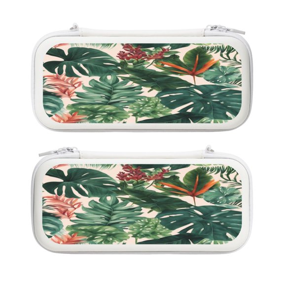 Leaf Flowers Nordic Tropical Plants, Carrying Case For Nintendo Switch & OLED Version, Eva Pouch Case for Console & Accessories with 10 Game Card Slot & Wristband, White