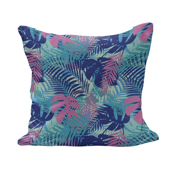 Leaf Fluffy Throw Pillow Cushion Cover, Digital Neon Vivid Colored Island Oceanic Flowers and Leaves, Decorative Square Accent Pillow Case, 20" x 20", Turquoise Dark Blue, by Ambesonne