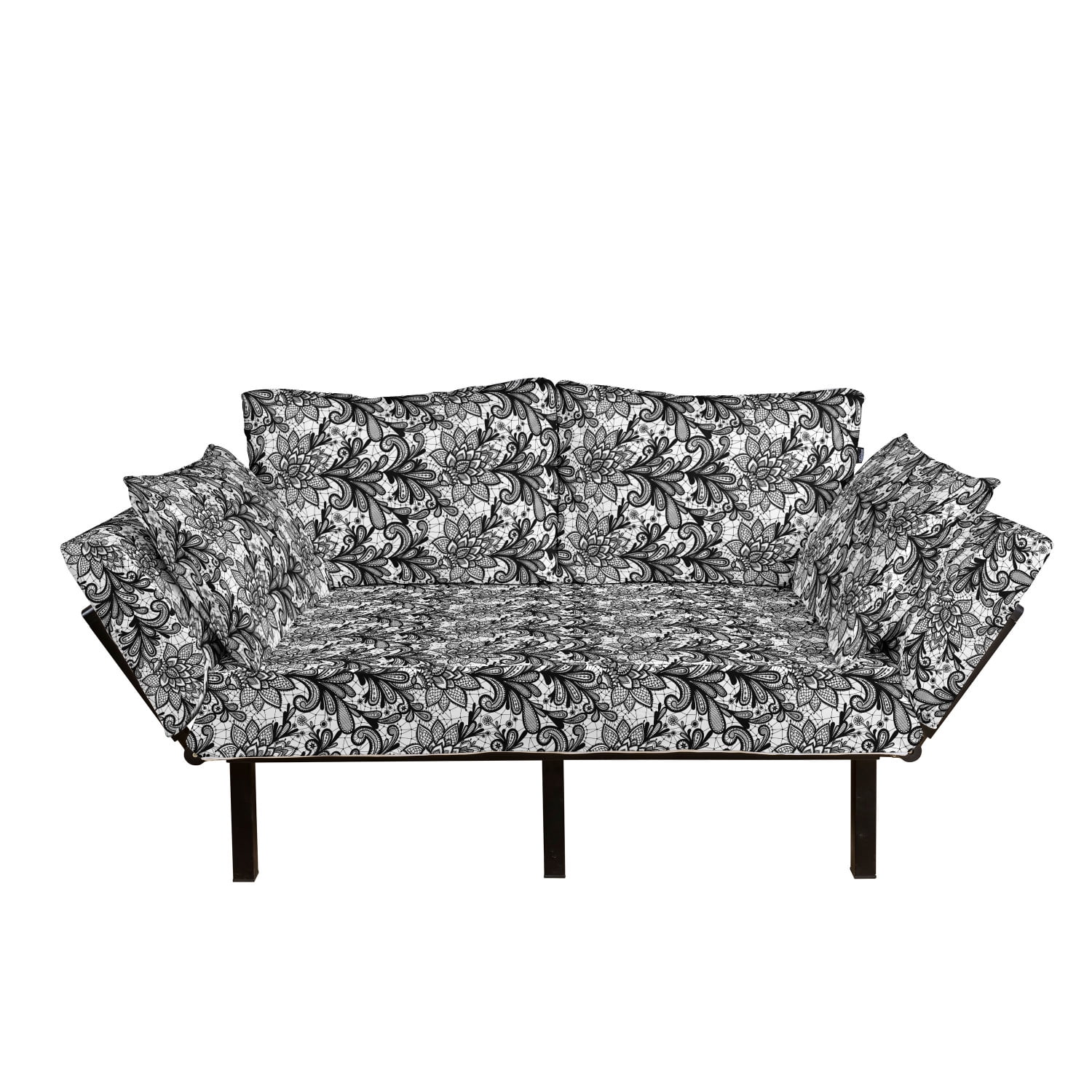 Leaf Futon Couch, Lace Style Graphic Ornament in Black and White