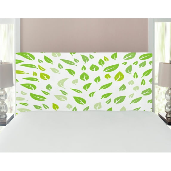 Leaf Headboard, Various Types of Green Fresh Leaves Illustration with Garden Summer Season Graphic Design, Upholstered Decorative Metal Bed Headboard with Memory Foam, Full Size, Green, by Ambesonne
