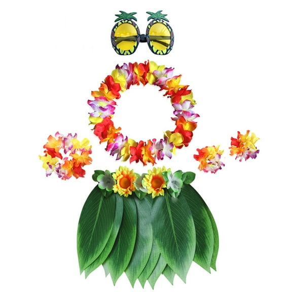 Leaf Hula Skirt and Hawaiian Leis Set Grass Skirt with Artificial Hibiscus Flowers for Hula Costume and Beach Party