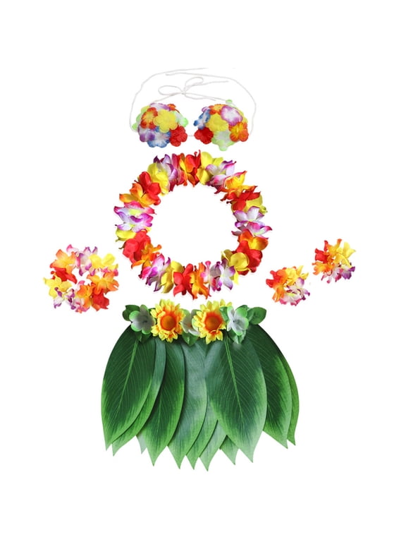 Leaf Hula Skirt and Hawaiian Leis Set Grass Skirt with Artificial Hibiscus Flowers for Hula Costume and Beach Party