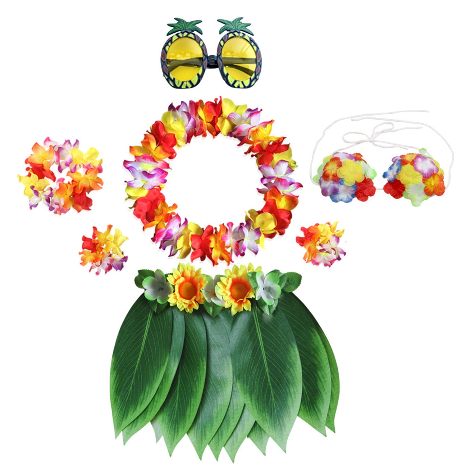 Set De 6 Faldas Hawaianas De Paja Dorada Con Flor – Elásticas, 40 Cm, Para Fiestas Tropicales Y Disfraces