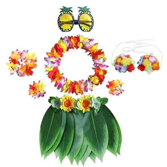 Leaf Hula Skirt and Hawaiian Leis Set Grass Skirt with Artificial Hibiscus Flowers for Hula Costume and Beach Party