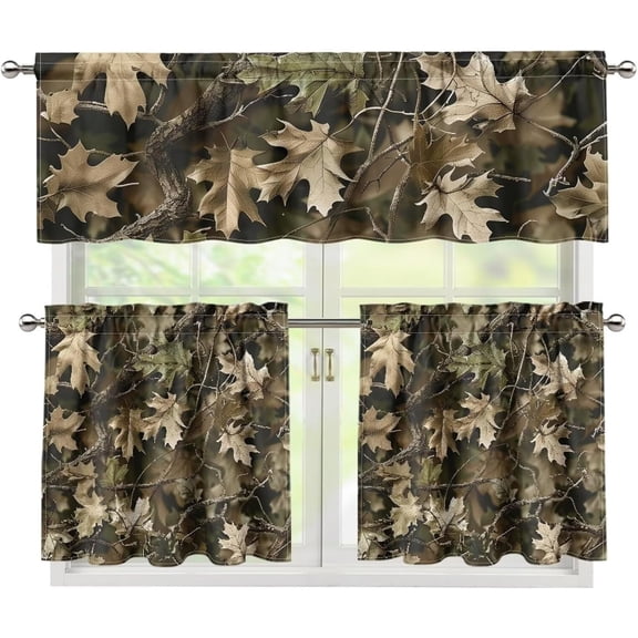 Leaf Hunting Camo Kitchen Curtains Valances and Tiers 3 Piece Set Leaf Kitchen Curtains 24 inch Length Sets Rod Pocket Short Tier Curtain for Over Sink Cafe Living Room Bedroom Windows