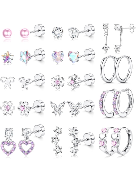 Hypoallergenic Flat Back Earrings for Women - Surgical Stainless Steel Earrings for Sensitive Ears - Cute Flat Back Stud Earrings Set Small Hoop Cartilage Earrings Set