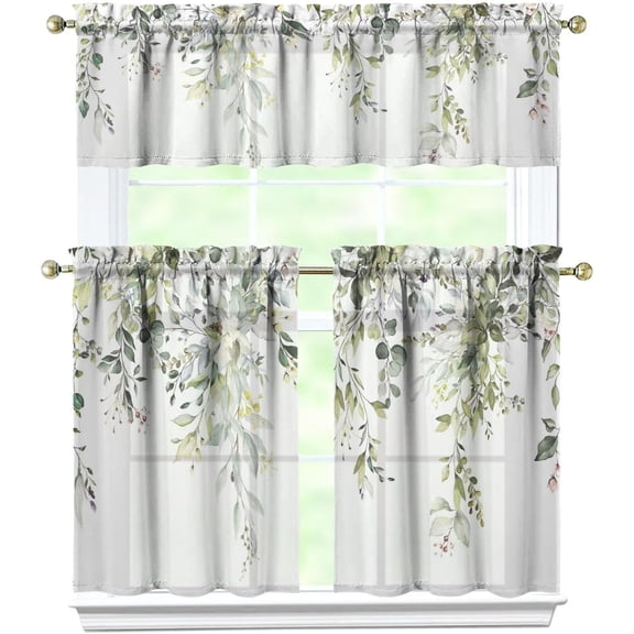 Leaf Kitchen Curtains,Leaves Kitchen Curtains Sets for Windows,Farmhouse Kitchen Curtain Sink Window Valance 3 Piece Set,Green Leaves Kitchen Decor for Living Room 54x36 Inches