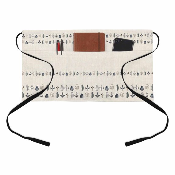 Leaf Kitchen Restaurant Half Waist Apron, Brief Leaf Rustic Botanical Herb on Beige Linen Texture Server Short Apron with 3 Pockets Waterproof Oil Waist Aprons for Women Waitress Waiter