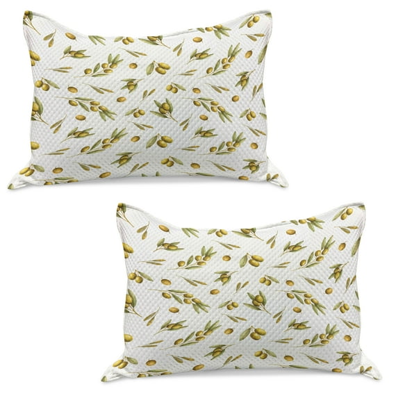 Leaf Knitted Quilt Pillowcover Set of 2, Mediterranean Watercolor Branches and Leaves of Olives with Nature Art Print, Standard Queen Pillow Sham Bedroom, 30" x 20", Green Yellow Olive, by Ambesonne