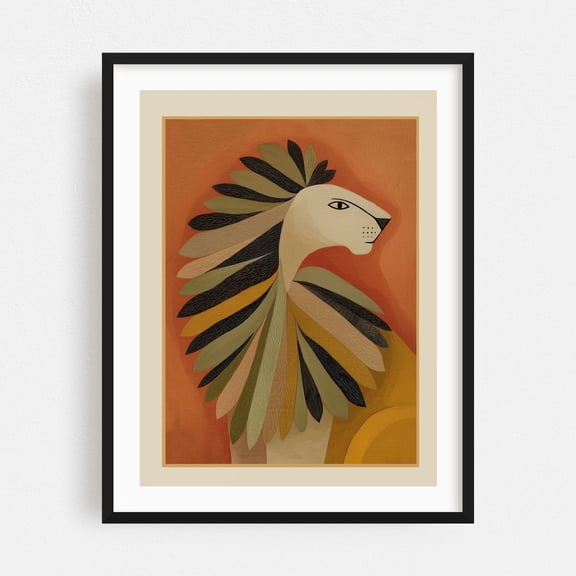 Leaf Mane Lion II - Digital Art Animal Minimalist Modern Art Abstract Geometric Wildlife Illustration Black Framed Wall Art Print 12 x 16 inches