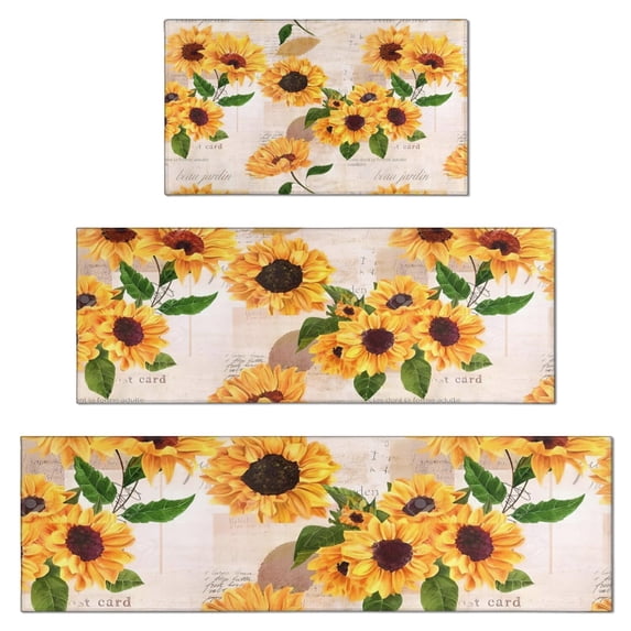 Leaf Newspaper Text Sunflower Pattern Kitchen Rugs Sets Of 3,Kitchen Runner Rugs Non Skid Washable,Decorative Kitchen Floor Mats for Kitchen,Sink,Laundry,17"x30"+ 17"x47" + 17"x59"