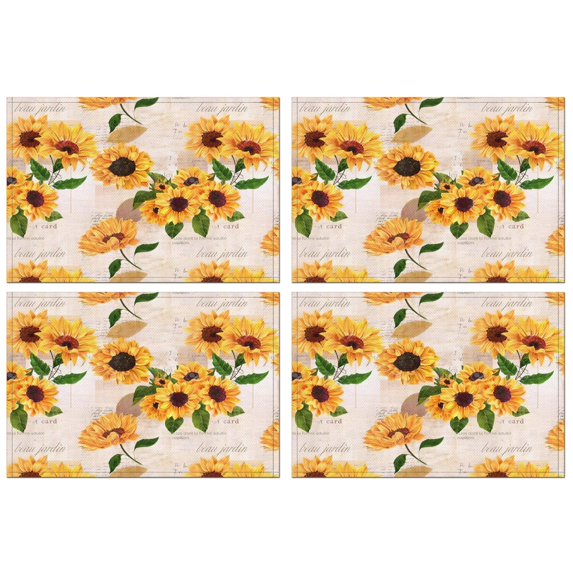 Leaf Newspaper Text Sunflower Pattern Summer Placemats Table Placemats Set Of 4-Linen Kitchen Washable Placemats Table Mats 11.8"x17.7" Non-Slip Heat Resistant