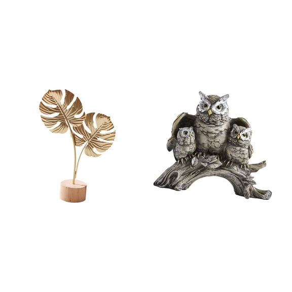 Leaf Ornament Owl Sculpture Metal Animal Figure Wood Base Unique Modern Design for Entryway Tabletop Bedroom