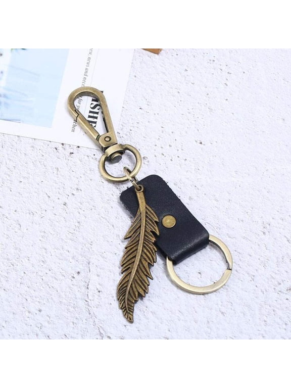 Leaf PU Leather KeychainRetro Alloy Pendant Key Chain Ring Holder with Belt Loop Clip for Hangbag Wallet,Black -