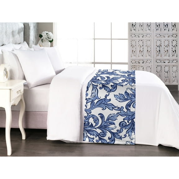 Leaf Pattern Bed Runner, Muted Winter Colors Leafy Motif with Watercolor Style Oriental Print, Decorative Accent Bedding Scarf for Hotels Homes & Guest Rooms, Queen, Dark Ceil Blue White, by Ambesonne