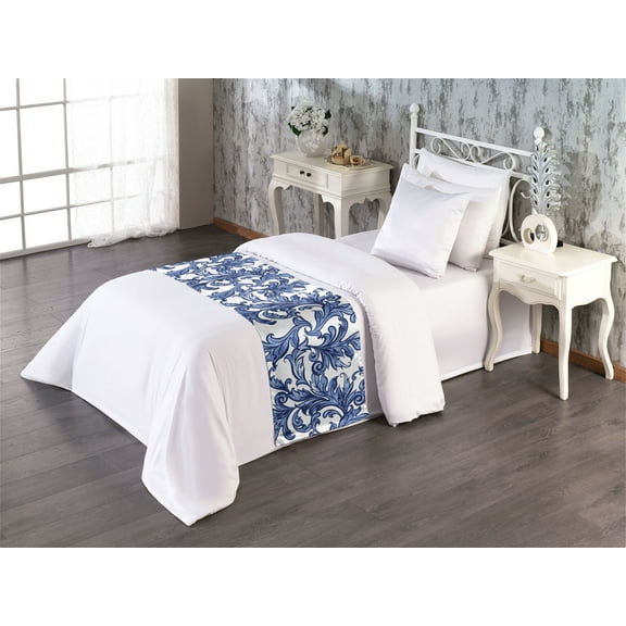 Leaf Pattern Bed Runner, Muted Winter Colors Leafy Motif with Watercolor Style Oriental Print, Decorative Accent Bedding Scarf for Hotels Homes & Guest Rooms, Twin, Dark Ceil Blue White, by Ambesonne