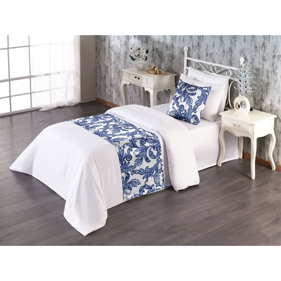 Leaf Pattern Bed Runner Set, Muted Winter Colors Leafy Motif with Watercolor Style Oriental Print, Decorative Bedding Scarf & a Pillow Sham for Hotels Homes, Twin, Dark Ceil Blue White, by Ambesonne
