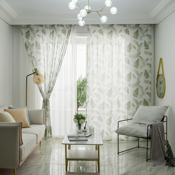 Leaf Pattern Curtain Sheers, Sheer White Curtains with Vine Design Print, Green Patterned on White Sheers Pretty Textured Voile Sheer Drapes for Bedroom,Living Room Green
