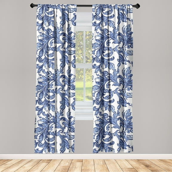 Leaf Pattern Window Curtains, Muted Winter Colors Leafy Motif with Watercolor Style Oriental Print, Lightweight Decor 2-Panel Set with Rod Pocket, Pair of - 28"x95", Dark Ceil Blue White, by Ambesonne