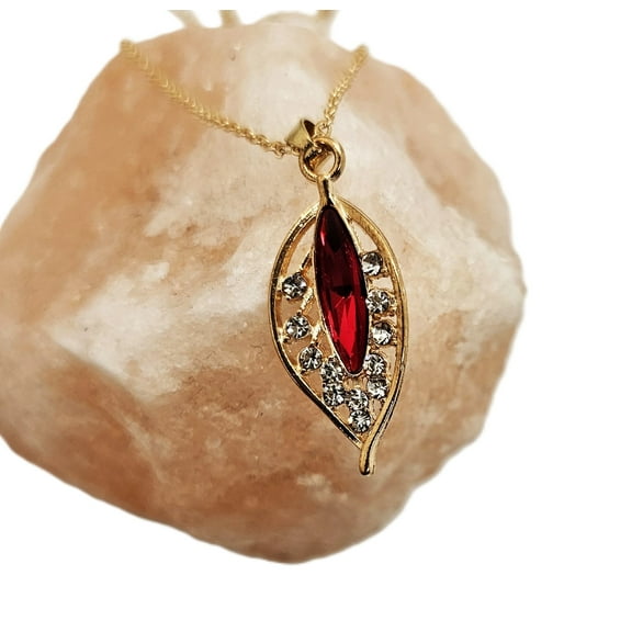 Omodo Leaf Pedant, Red Zircon, Necklace, Gold Tone, Women, Gifts