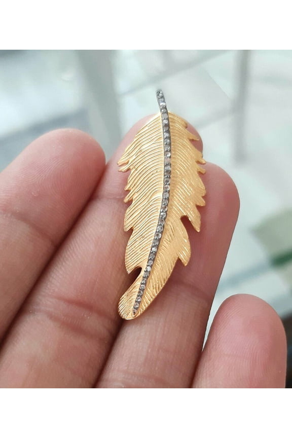 Leaf Pendant 925 Silver Pave Diamond Leaf Textured Pendant Wedding Day Gift.