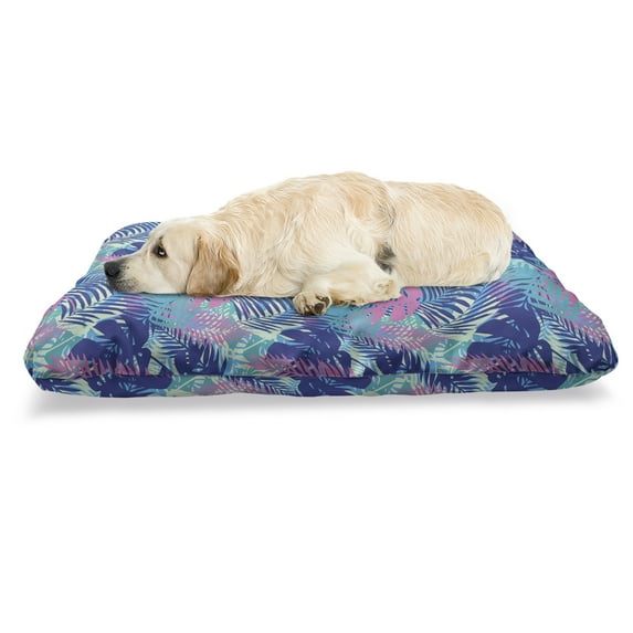 Leaf Pet Bed, Digital Neon Vivid Colored Island Oceanic Flowers and Leaves, Chew Resistant Pad for Dogs and Cats Cushion with Removable Cover, 24" x 39", Turquoise Dark Blue, by Ambesonne