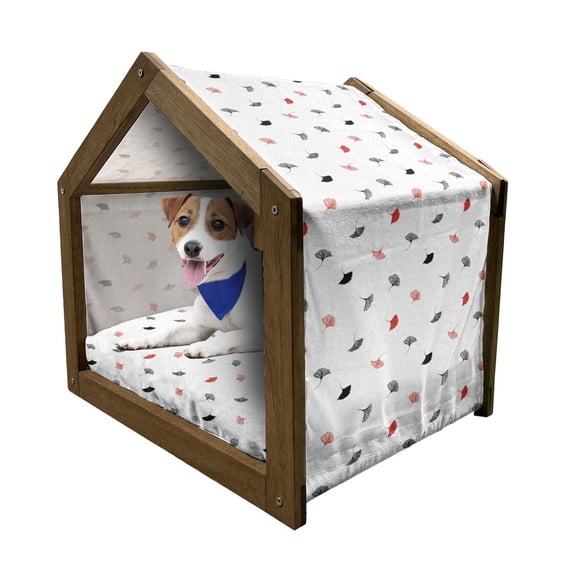 Leaf Pet House, Ginkgo Leaves Scattered on White Background with Minimalist Style, Outdoor & Indoor Portable Dog Kennel with Pillow and Cover, 5 Sizes, White Black Orange, by Ambesonne