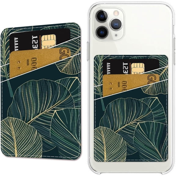 Leaf Phone Card Holder Leather Cell Phone Wallet Stick on Adhesive Credit Card Holder Slim Double Pocket Sticker for Back of Phone Case Compatible with Most Phone Women Green 3.7 x 2.5 Inch DIY