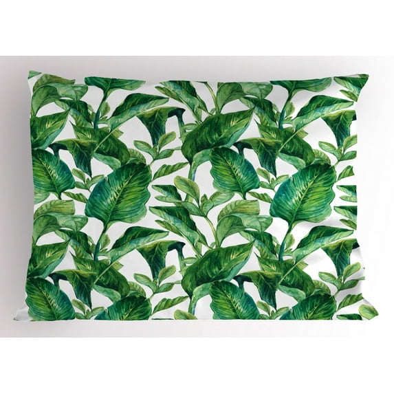 Leaf Pillow Sham Romantic Holiday Island Hawaiian Banana Trees Watercolored Image, Decorative Standard Size Printed Pillowcase, 26 X 20 Inches, Dark Green and Forest Green, by Ambesonne
