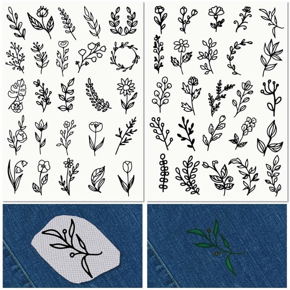 Leaf Plants Water Soluble Embroidery Stabilizers Hand Sewing Stick and Stitch Wreath Transfers Paper Wash Away Pre-Printed Self Adhesive Patterns for Bags Cloth Sewing Lovers Beginner White DIY