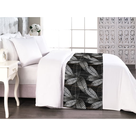 Leaf Print Bed Runner, Botanical Leaves Exotic Jungle Hawaiian Achromatic Garden Artwork, Decorative Accent Bedding Scarf for Hotels Homes & Guest Rooms, King, Charcoal Grey and Beige, by Ambesonne