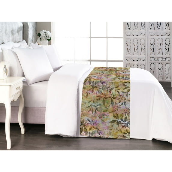 Leaf Print Bed Runner, Colorful Retro Style Leaves Blooming Forest Nature Botanical Vintage Art, Decorative Accent Bedding Scarf for Hotels Homes & Guest Rooms, King, Khaki Pink Fawn, by Ambesonne