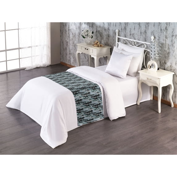 Leaf Print Bed Runner, Dots and Leaves Foliage of Plants Modern Style of Design Repetitive, Decorative Accent Bedding Scarf for Hotels Homes & Guest Rooms, Twin, Soft Blue Black Teal, by Ambesonne