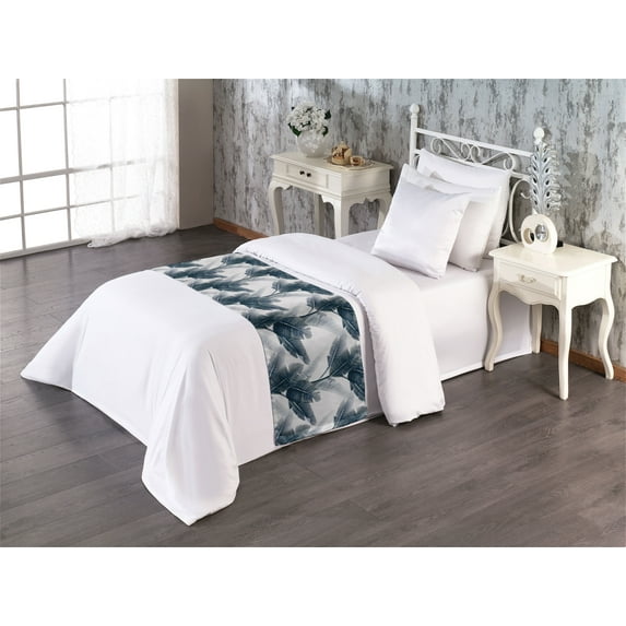 Leaf Print Bed Runner, Hawaiian Tropical Climate Leaves of the Jungle Watercolor Style of Art, Decorative Accent Bedding Scarf for Hotels Homes & Guest Rooms, Twin, Slate Blue Pale Grey, by Ambesonne