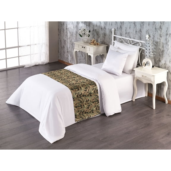 Leaf Print Bed Runner, Leaves Floating In The Air Modern Style Repeated Pattern of Art, Decorative Accent Bedding Scarf for Hotels Homes & Guest Rooms, Twin, Army Green Mustard Black, by Ambesonne