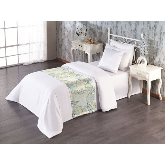 Leaf Print Bed Runner, Line Art Boho Leaves Fall Theme Neutral Garden Woods Print, Decorative Accent Bedding Scarf for Hotels Homes & Guest Rooms, Twin, Dark Ceil Blue and Fern Green, by Ambesonne