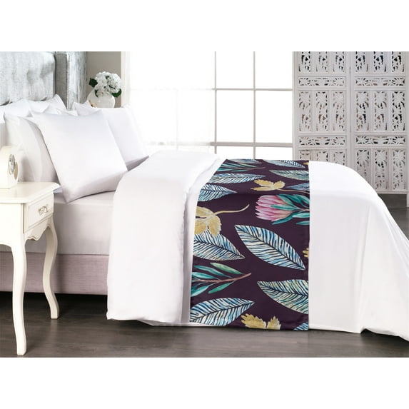 Leaf Print Bed Runner, Nature Theme Blossom Illustration Artwork With Leaves Modern Vibes, Decorative Accent Bedding Scarf for Hotels Homes & Guest Rooms, King, Plum and Multicolor, by Ambesonne