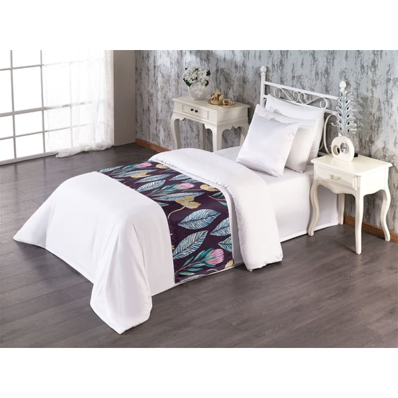 Leaf Print Bed Runner, Nature Theme Blossom Illustration Artwork With Leaves Modern Vibes, Decorative Accent Bedding Scarf for Hotels Homes & Guest Rooms, Twin, Plum and Multicolor, by Ambesonne