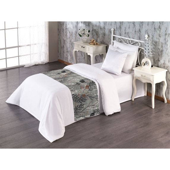 Leaf Print Bed Runner, Neutral Toned Woodland Branches Leaves Design on Grunge Striped Back, Decorative Accent Bedding Scarf for Hotels Homes & Guest Rooms, Twin, Grey Teal Pale Redwood, by Ambesonne