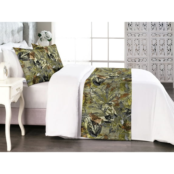 Leaf Print Bed Runner Set, Autumnal Design Watercolor Style Leaves Fall Woodland Inspired, Decorative Bedding Scarf & 2 Pillow Shams for Hotels Homes, King, Khaki Fawn and Dark Grey, by Ambesonne