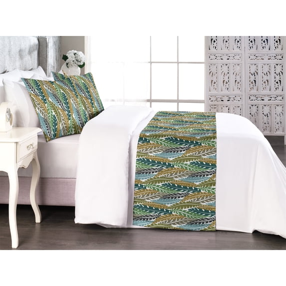 Leaf Print Bed Runner Set, Tropical Leaves of the Jungle Summer Forest Palm Repetitive Style, Decorative Bedding Scarf & 2 Pillow Shams for Hotels Homes, King, Fawn Mustard Dark Teal, by Ambesonne