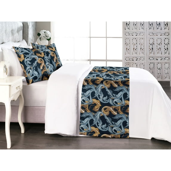 Leaf Print Bed Runner Set, Watercolor Style Pattern of Swirly Leaves Bohemian Repetitive Art, Decorative Bedding Scarf & 2 Pillow Shams for Hotels Homes, Queen, Amber Blue Grey Dark Blue, by Ambesonne