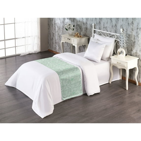 Leaf Print Bed Runner, Tropical Themed Pastel Sketch Artwork for Palm Leaves Exotic Modern, Decorative Accent Bedding Scarf for Hotels Homes & Guest Rooms, Twin, Almond Green and White, by Ambesonne