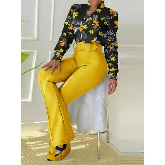 Leaf Print Buttoned Shirt High Waist Pants