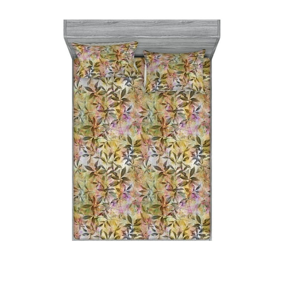 Leaf Print Fitted Sheet & Pillow Sham Set, Colorful Retro Style Leaves Blooming Forest Nature Botanical Vintage Art, Decorative Printed 3 Piece Bedding Decor, King, Khaki Pink Fawn, by Ambesonne