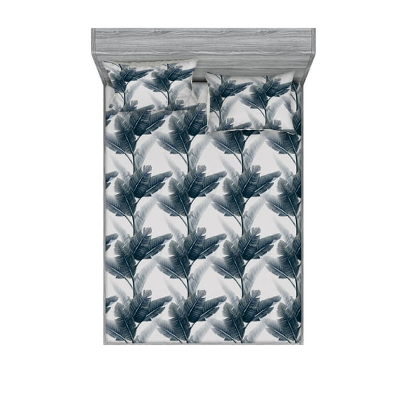 Leaf Print Fitted Sheet & Pillow Sham Set, Hawaiian Tropical Climate Leaves of the Jungle Watercolor Style of Art, Decorative Printed 3 Piece Bedding Decor, Calking, Slate Blue Pale Grey, by Ambesonne