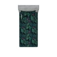 thumbnail image 1 of Leaf Print Fitted Sheet & Pillow Sham Set, Modern Exotic Leaves and Tropical Flowers Palm Monstera Jungle, Decorative Printed 2 Piece Bedding Decor, Twinxl, Eggplant Dark Teal and Green, by Ambesonne, 1 of 2
