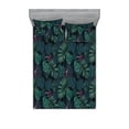 thumbnail image 1 of Leaf Print Fitted Sheet & Pillow Sham Set, Modern Exotic Leaves and Tropical Flowers Palm Monstera Jungle, Decorative Printed 3 Piece Bedding Decor, Queen, Eggplant Dark Teal and Green, by Ambesonne, 1 of 1
