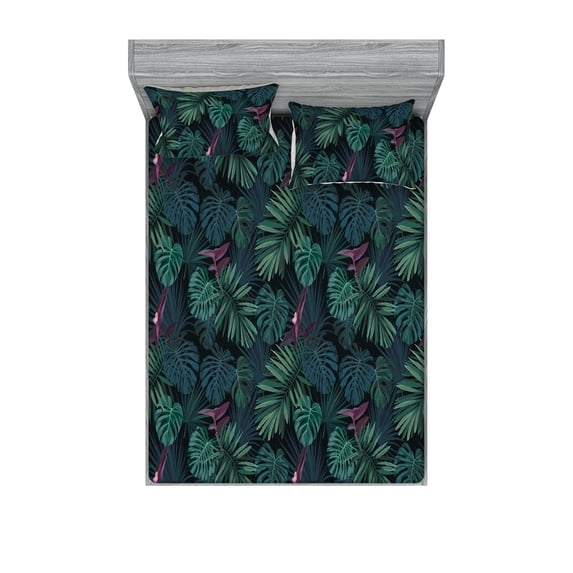 Leaf Print Fitted Sheet & Pillow Sham Set, Modern Exotic Leaves and Tropical Flowers Palm Monstera Jungle, Decorative Printed 3 Piece Bedding Decor, Queen, Eggplant Dark Teal and Green, by Ambesonne